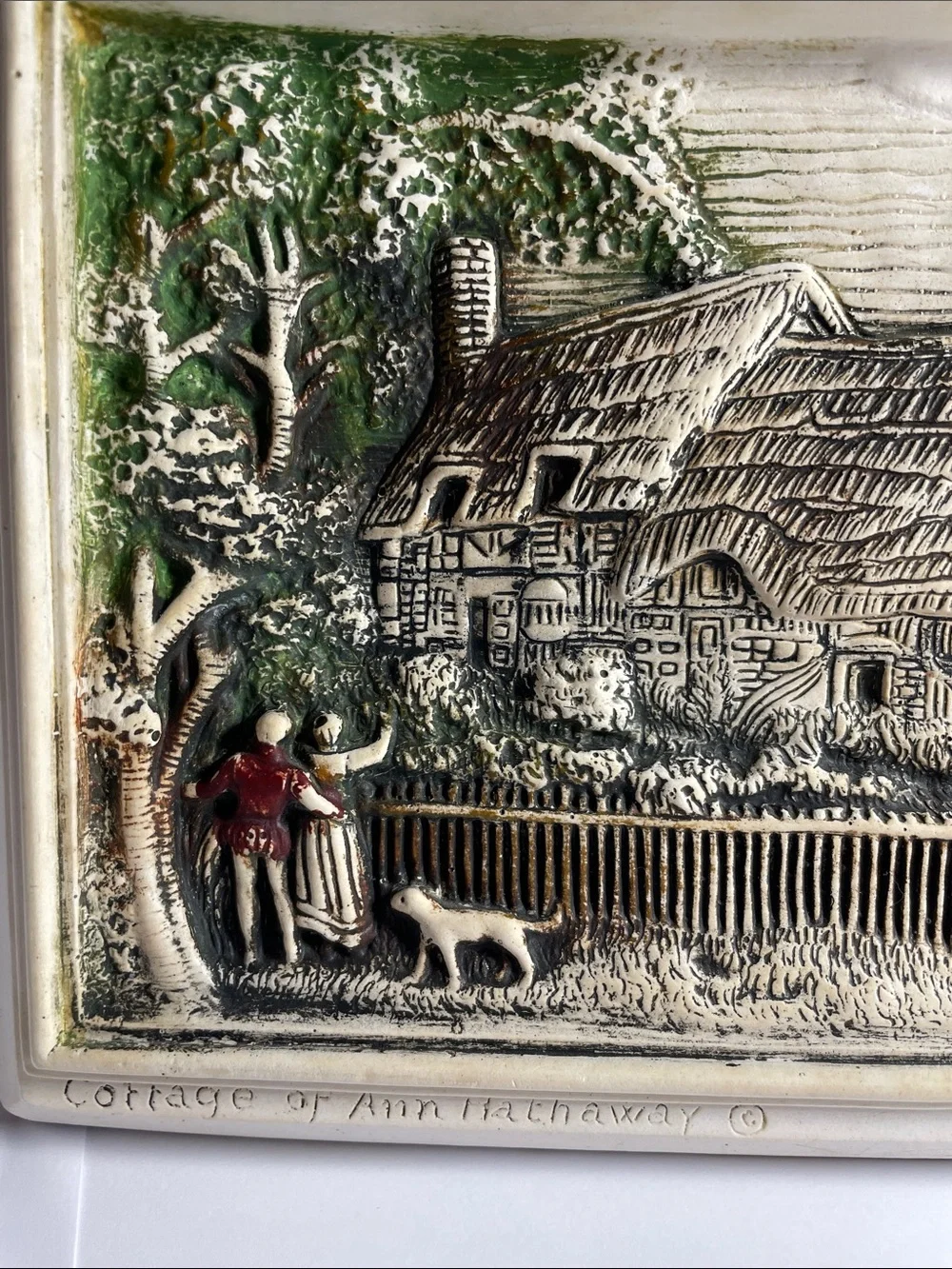 Cottage Scene Relief Wall Plaque in Cream and Green